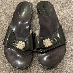 CHANEL Black Wood Wooden Clogs Women's 38 Vintage